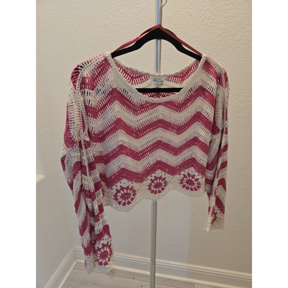New Wave Crochet Chevron Sweater Pink White Open Knit Granny Square Women S M